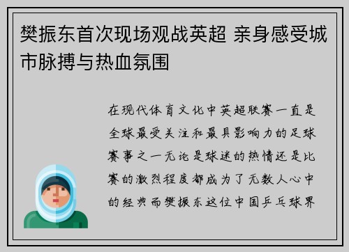 樊振东首次现场观战英超 亲身感受城市脉搏与热血氛围