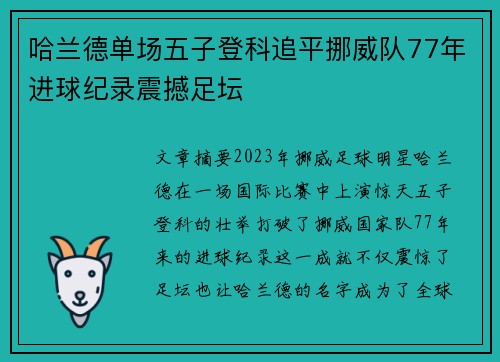 哈兰德单场五子登科追平挪威队77年进球纪录震撼足坛